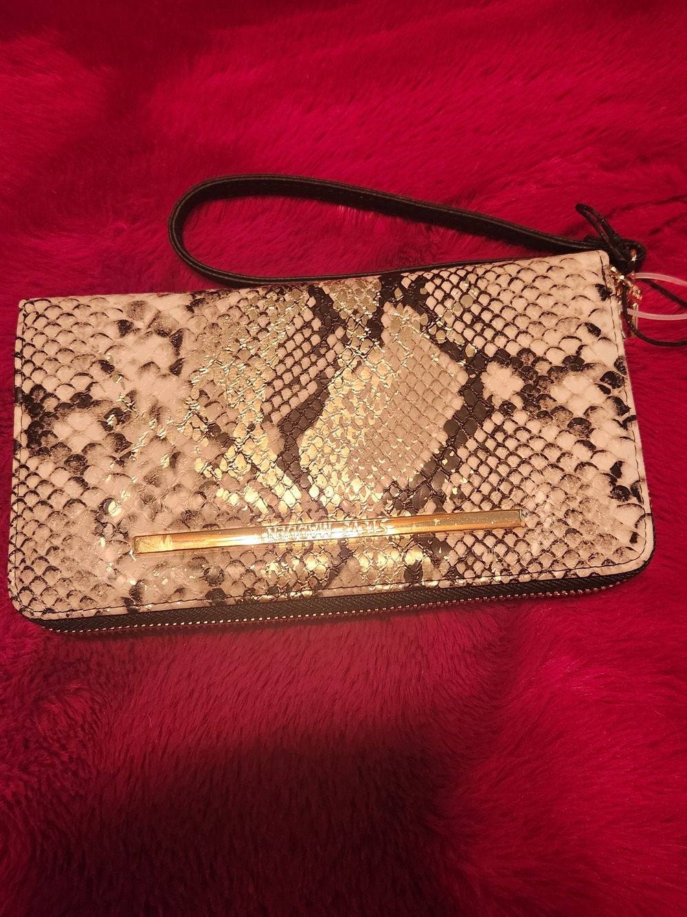 Steve Madden Snake-Embossed Wristlet Clutch in Ivory, Black and Gold